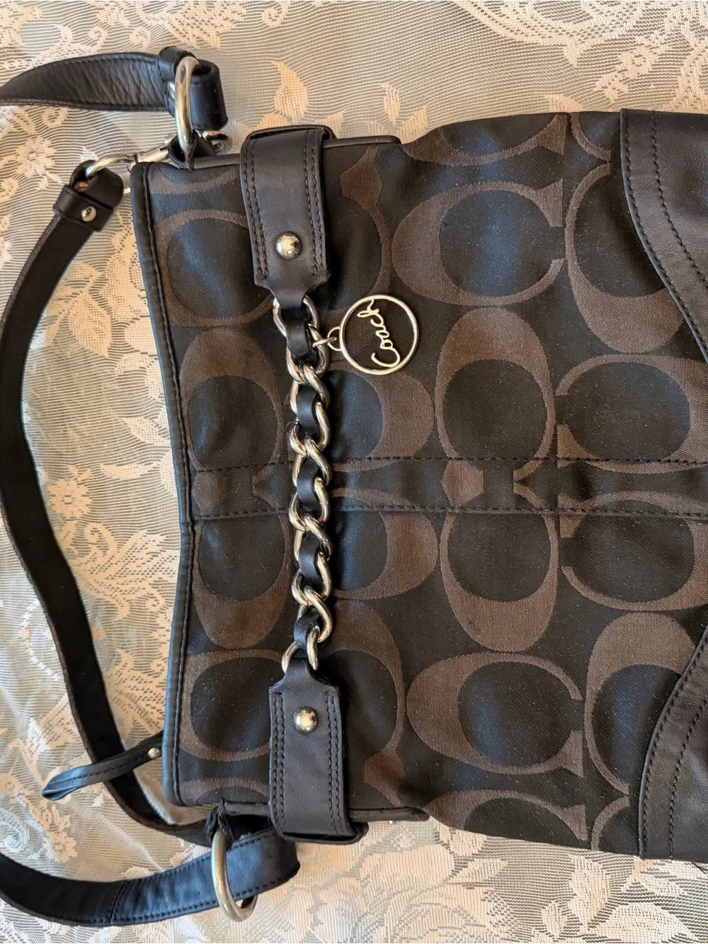 Coach Black and Brown Signature Canvas Shoulder Bag with Chain Accent